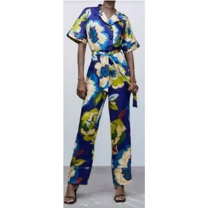 ZARA NWT Size Small Blue & Green Floral Satin Short Sleeve Belted Jumpsuit